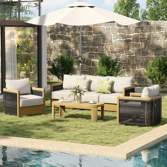 HAPPATIO Aluminum Patio Furniture Set, 4 Pieces Wood-like Oversized Conversation Set with Thick Cushion, Curved Tub Design with Woven Rope Accents for Garden, Backyard, Poolside