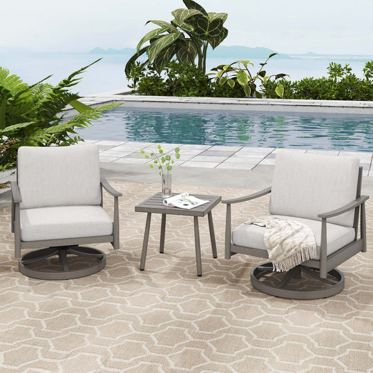 HAPPATIO Patio Bistro Set Outdoor - 3 Pieces Patio Aluminum Conversation Furniture Set, 2 Swivel Chairs with Backrest Rope Design and 1 Side Table for Garden, Pool, and Lawn