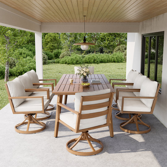 HAPPATIO Outdoor Dining Set,  Aluminum Patio Dining Set with Wood-Like Hand-Painted Finish, Dining Chairs with Waterproof Cushions, Easy Assembly for Backyard, Garden, Porch