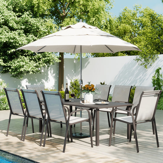 HAPPATIO Outdoor Patio Dining Set, Quick Dry Textilene Dining Chairs and Dining Table with Umbrella Hole, Stackable Textilene Chairs for Garden, Patio and Poolside Backyard