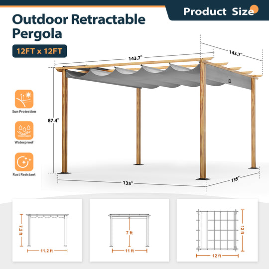 HAPPATIO Retractable Pergola Canopy for Backyard, Garden, Patio; Woodgrain-Look Aluminum Frame with Retractable Pergola Canopy, Includes Anchors and Expansion Screws