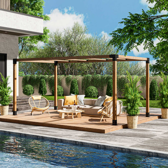 HAPPATIO 10' X 13' Outdoor Pergola Pretreated Wood Pergola for Deck, Backyard, Patio, Wooden Frame with Pergola Brackets and Expansion Screws