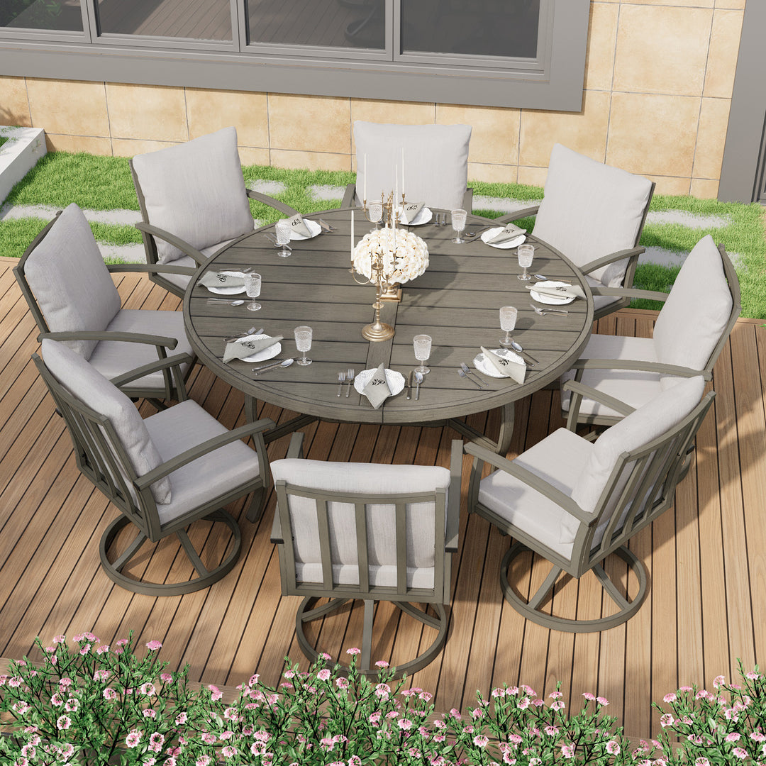 HAPPATIO Patio Dining Set, Aluminum Outdoor Dining Set, Dining Table with Umbrella Hole and 6 Chairs, Outdoor Table and Chairs with Removable Cushion for Lawn Yard Patio