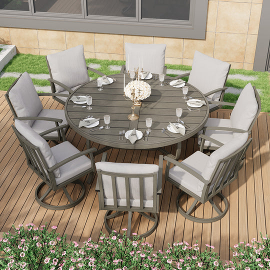 HAPPATIO Patio Dining Set, Aluminum Outdoor Dining Set, Dining Table with Umbrella Hole and 6 Chairs, Outdoor Table and Chairs with Removable Cushion for Lawn Yard Patio