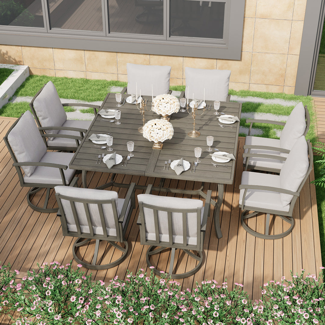 HAPPATIO Patio Dining Set, Aluminum Outdoor Dining Set, Dining Table with Umbrella Hole and 6 Chairs, Outdoor Table and Chairs with Removable Cushion for Lawn Yard Patio