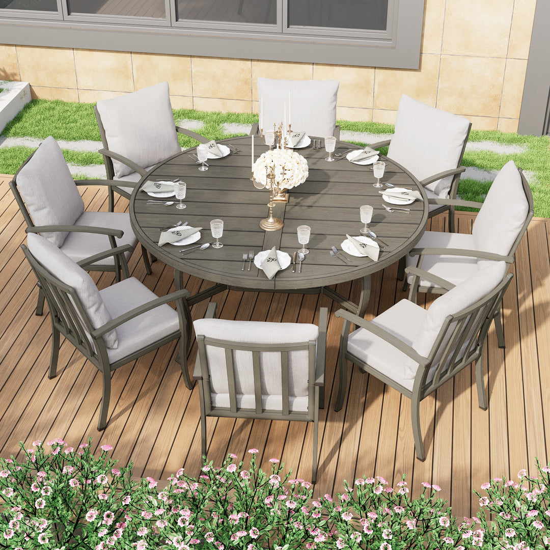 HAPPATIO Patio Dining Set, Aluminum Outdoor Dining Set, Dining Table with Umbrella Hole and 6 Chairs, Outdoor Table and Chairs with Removable Cushion for Lawn Yard Patio