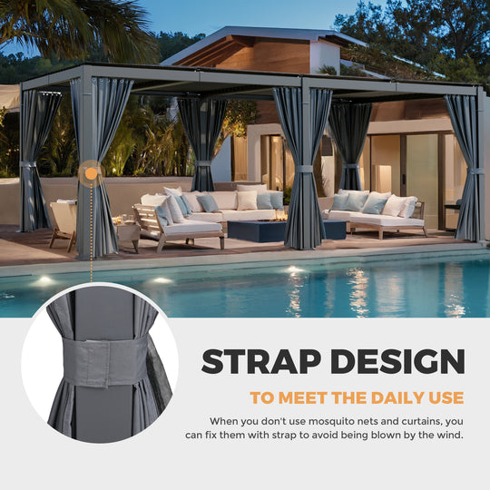 HAPPATIO Outdoor Louvered Pergola, Metal Pergola with Adjustable Rainproof Roof, Patio Pergola with Curtains and Mosquito Nets