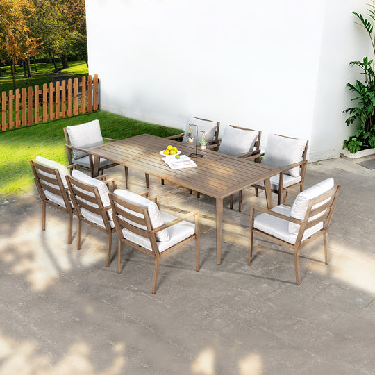 HAPPATIO Outdoor Dining Set,  Aluminum Patio Dining Set with Wood-Like Hand-Painted Finish, Dining Chairs with Waterproof Cushions, Easy Assembly for Backyard, Garden, Porch