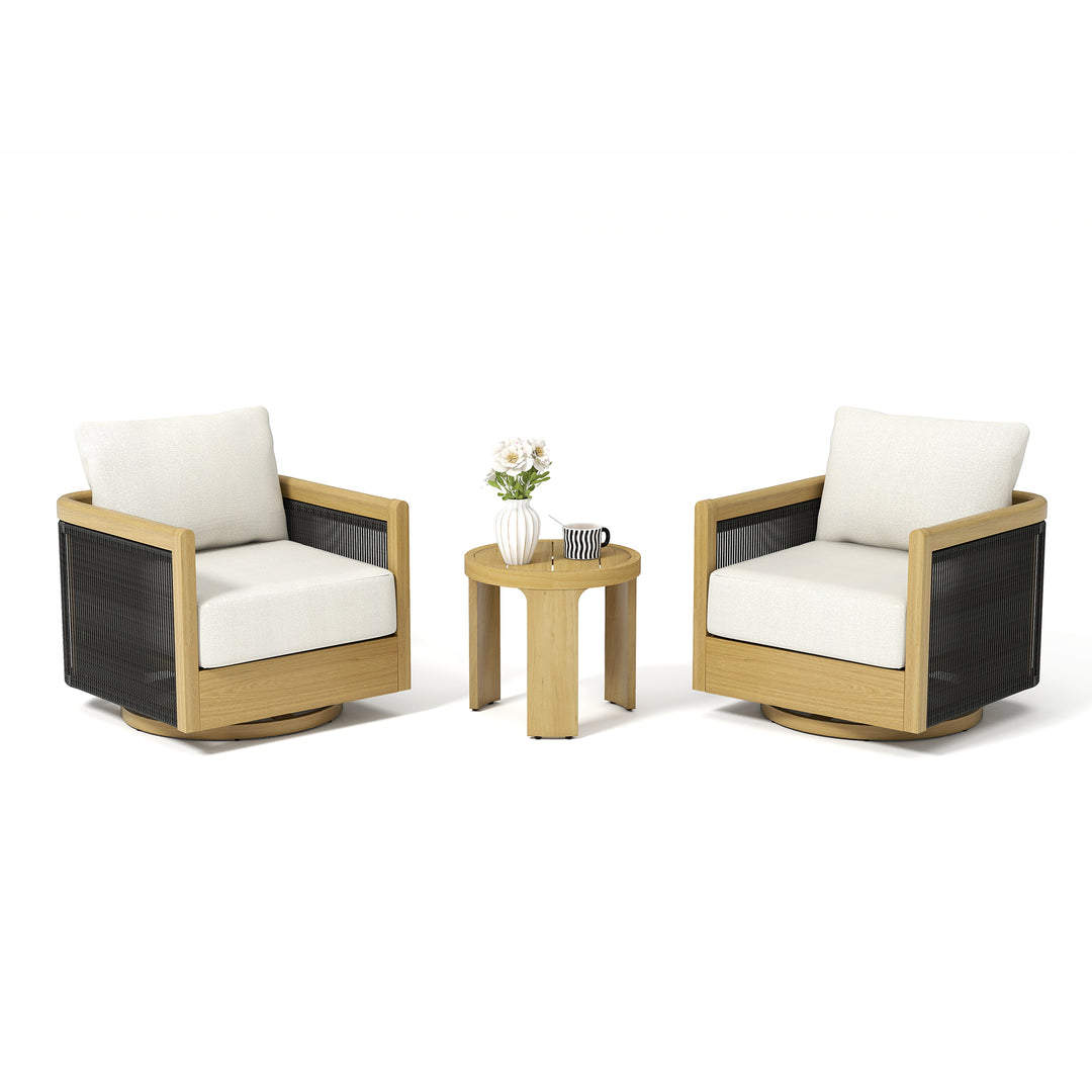 HAPPATIO Aluminum Patio Furniture Set, 3 Pieces Wood-like Oversized Outdoor Conversation Set with Thick Cushion, Curved Tub Design with Woven Rope Accents for Garden, Backyard, Poolside