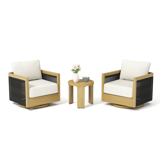 HAPPATIO Aluminum Patio Furniture Set, 3 Pieces Wood-like Oversized Outdoor Conversation Set with Thick Cushion, Curved Tub Design with Woven Rope Accents for Garden, Backyard, Poolside