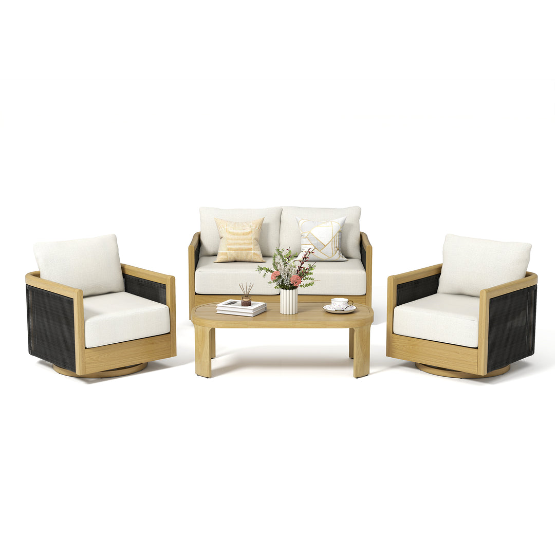 HAPPATIO Aluminum Patio Furniture Set, 4 Pieces Wood-like Oversized Conversation Set with Thick Cushion, Curved Tub Design with Woven Rope Accents for Garden, Backyard, Poolside