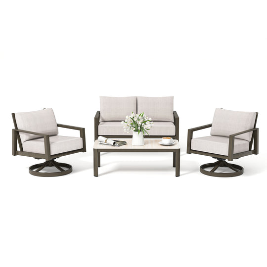 HAPPATIO Patio Conversation Set, 4-Piece Aluminum Oversized Patio Furniture Set with Rope Woven Backrest, Patio Chairs with Thick Cushion, Hand-brushed Frame for Yard, Porch, Balcony