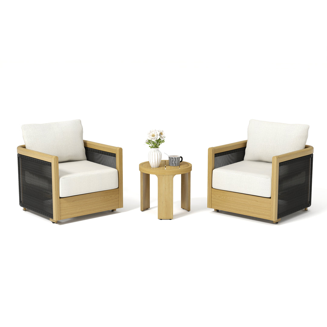 HAPPATIO Aluminum Patio Furniture Set, 3 Pieces Wood-like Oversized Outdoor Conversation Set with Thick Cushion, Curved Tub Design with Woven Rope Accents for Garden, Backyard, Poolside