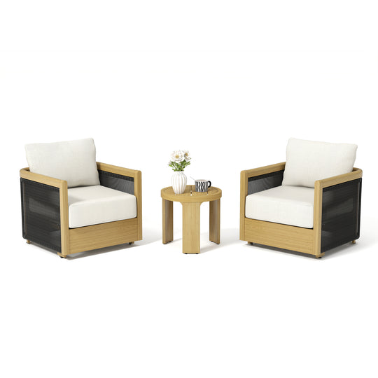 HAPPATIO Aluminum Patio Furniture Set, 3 Pieces Wood-like Oversized Outdoor Conversation Set with Thick Cushion, Curved Tub Design with Woven Rope Accents for Garden, Backyard, Poolside