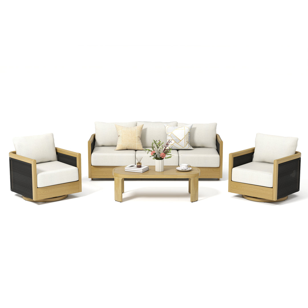 HAPPATIO Aluminum Patio Furniture Set, 4 Pieces Wood-like Oversized Conversation Set with Thick Cushion, Curved Tub Design with Woven Rope Accents for Garden, Backyard, Poolside