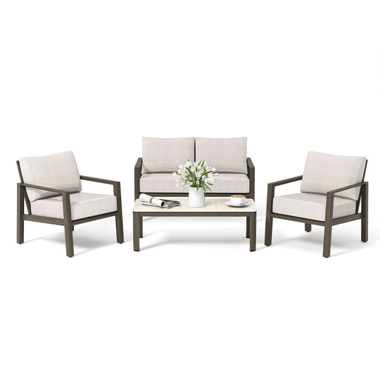 HAPPATIO Patio Conversation Set, 4-Piece Aluminum Oversized Patio Furniture Set with Rope Woven Backrest, Patio Chairs with Thick Cushion, Hand-brushed Frame for Yard, Porch, Balcony