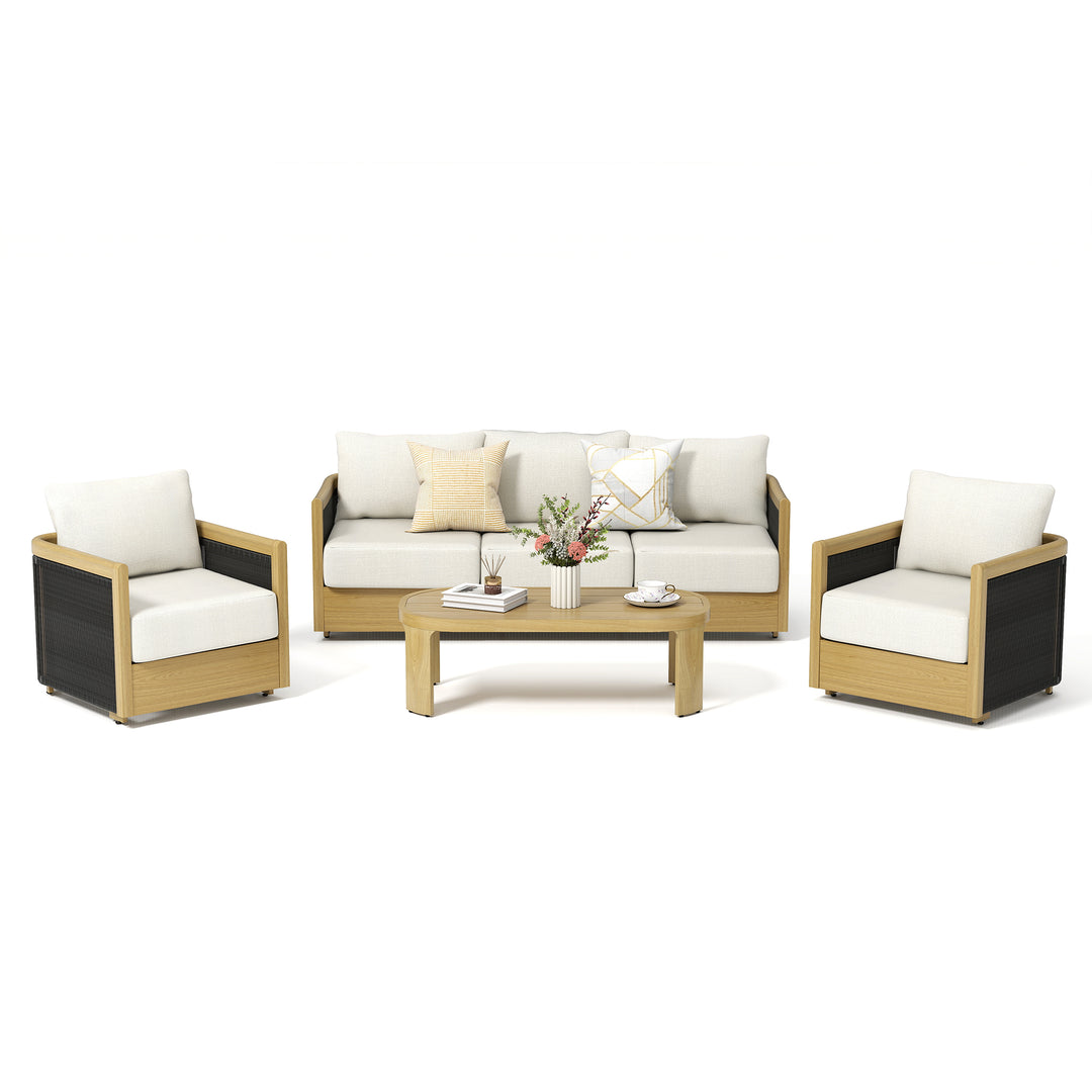 HAPPATIO Aluminum Patio Furniture Set, 4 Pieces Wood-like Oversized Conversation Set with Thick Cushion, Curved Tub Design with Woven Rope Accents for Garden, Backyard, Poolside