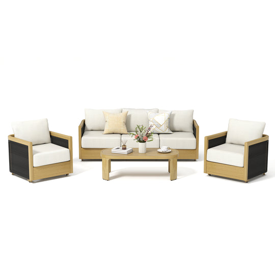 HAPPATIO Aluminum Patio Furniture Set, 4 Pieces Wood-like Oversized Conversation Set with Thick Cushion, Curved Tub Design with Woven Rope Accents for Garden, Backyard, Poolside