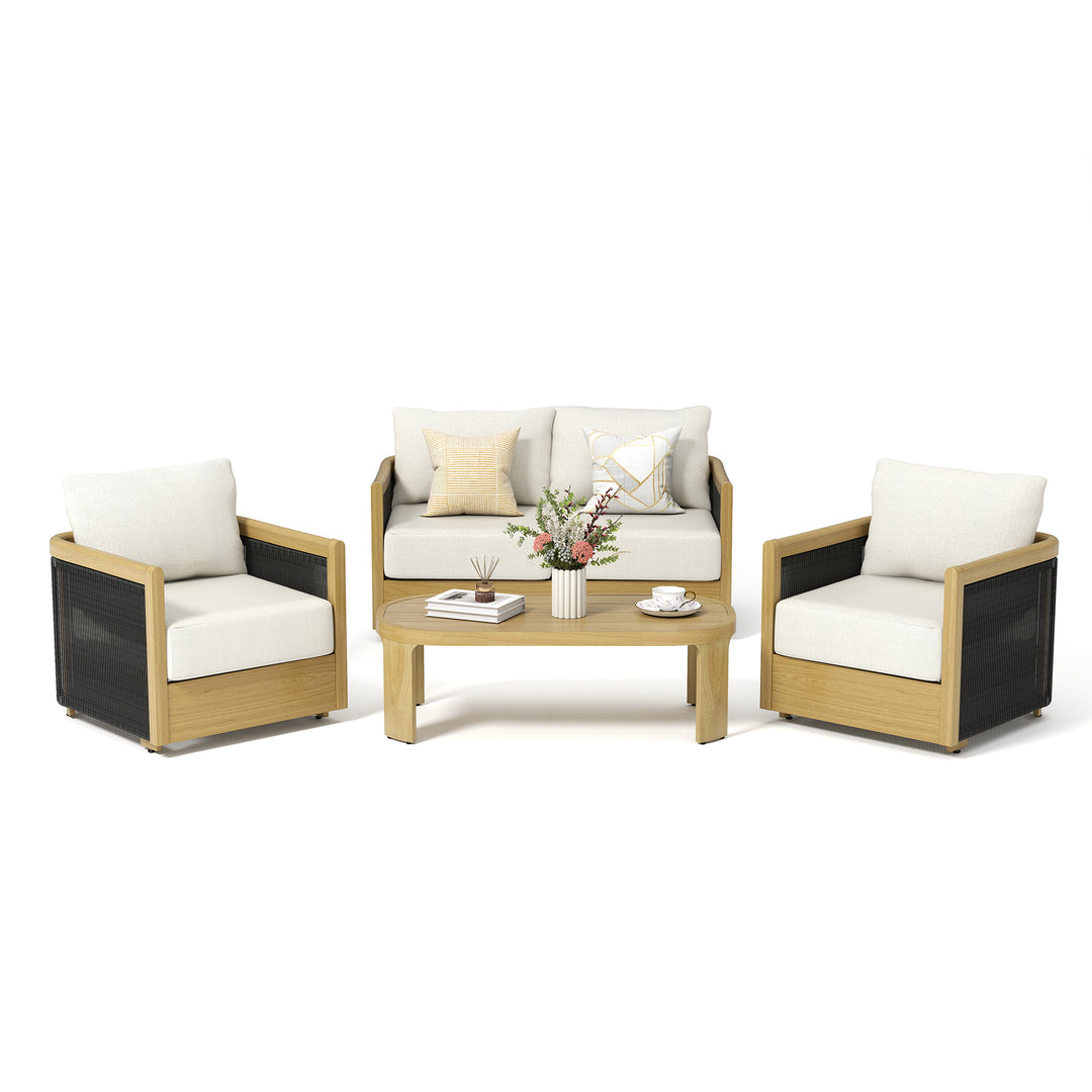 HAPPATIO Aluminum Patio Furniture Set, 4 Pieces Wood-like Oversized Conversation Set with Thick Cushion, Curved Tub Design with Woven Rope Accents for Garden, Backyard, Poolside