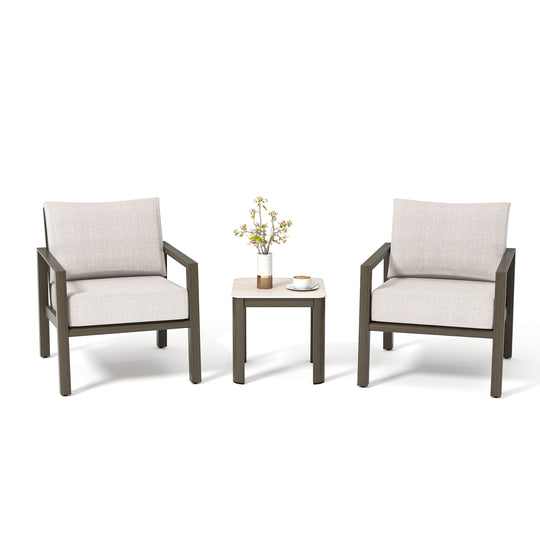 HAPPATIO Patio Conversation Set, 3-Piece Aluminum Oversized Patio Furniture Set with Rope Woven Backrest, Side Table and 2 Chairs with Thick Cushion, Hand-brushed Frame for Yard, Porch, Balcony