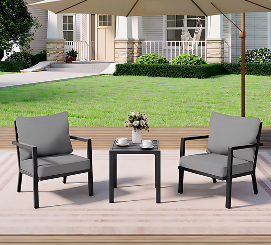 HAPPATIO Aluminum Patio Furniture Set, 3 Pieces Conversation Set with Thick Cushions and Side Table, Waterproof and Rustproof for All weather, Seating Sofa for Garden, Backyard, Porch
