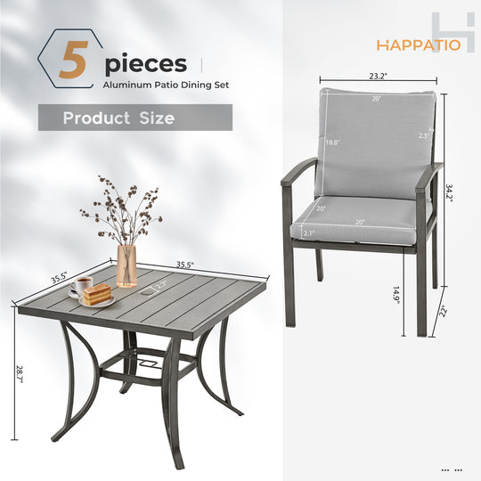 HAPPATIO Patio Outdoor Dining Set - All Aluminum Patio Table and Chairs Set with Cushions, Patio Dining Set for Lawn, Garden