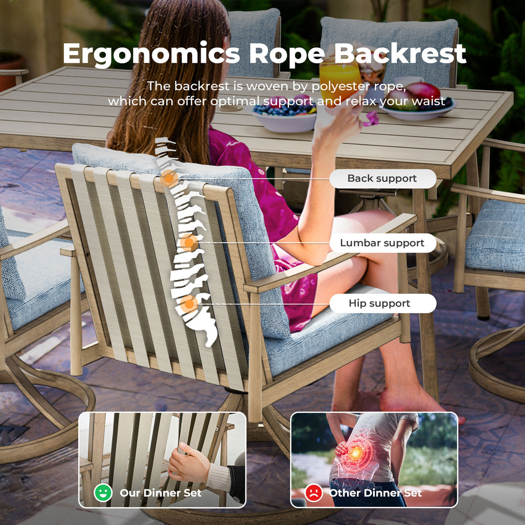 HAPPATIO Outdoor Dining Chairs Set, Aluminum Patio Dining Chairs with Cushion, Ergonomic Rope Design Backrest and Armrest,for Porch Backyard Pool
