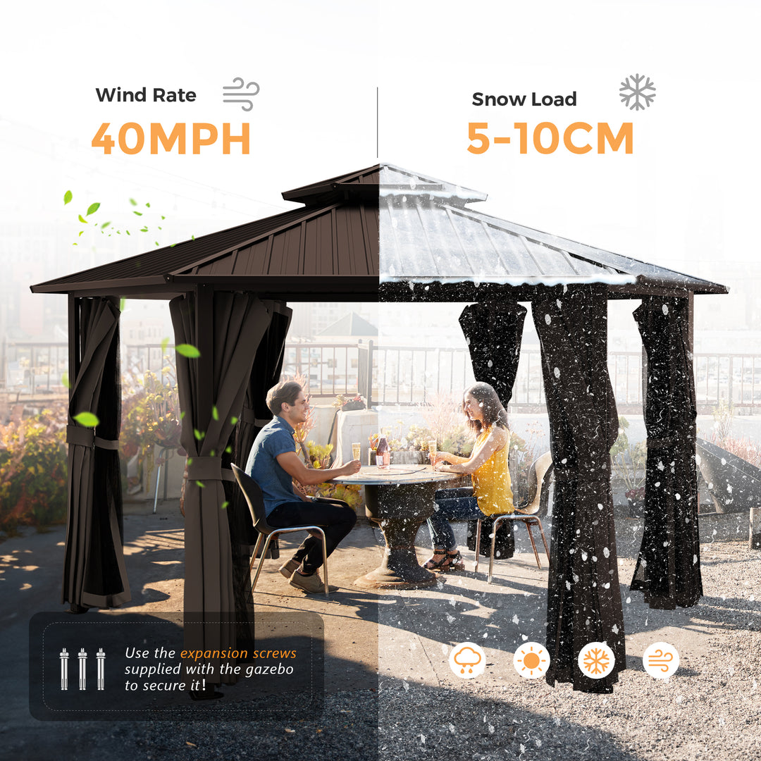 HAPPATIO 13' x 15' Hardtop Gazebo, Outdoor Hexagonal Gazebo with Galvanized Steel Roof, Aluminum Frame with Curtains and Netting, Metal Permanent Gazebos for Patios, Gardens