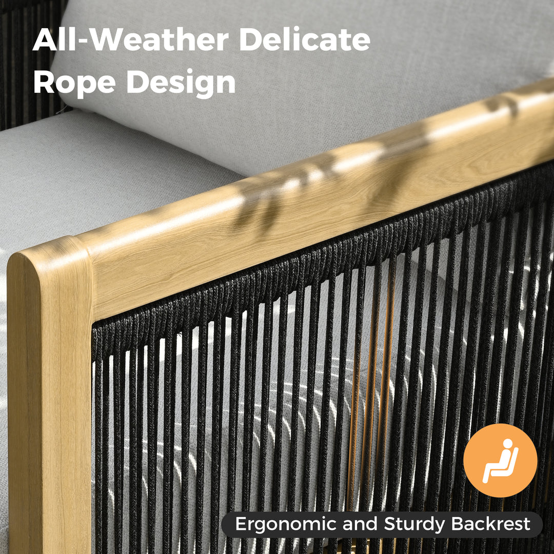 HAPPATIO Aluminum Patio Furniture Set, 4 Pieces Wood-like Oversized Conversation Set with Thick Cushion, Curved Tub Design with Woven Rope Accents for Garden, Backyard, Poolside