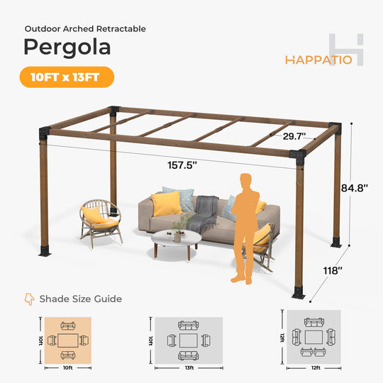 HAPPATIO 10' X 13' Outdoor Pergola Pretreated Wood Pergola for Deck, Backyard, Patio, Wooden Frame with Pergola Brackets and Expansion Screws