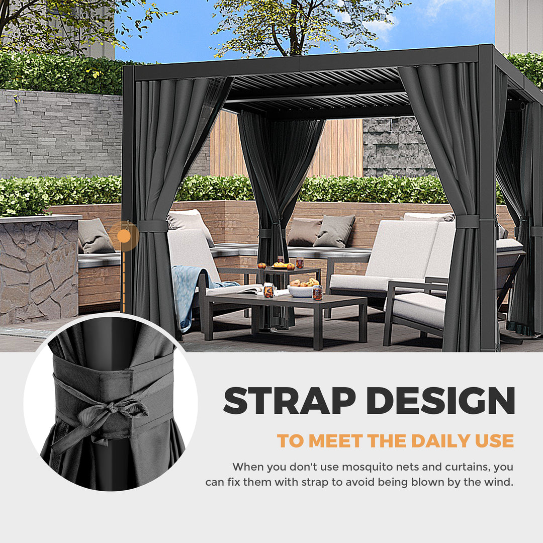 HAPPATIO Outdoor Louvered Pergola, Metal Pergola with Adjustable Rainproof Roof, Patio Pergola with Curtains and Mosquito Nets