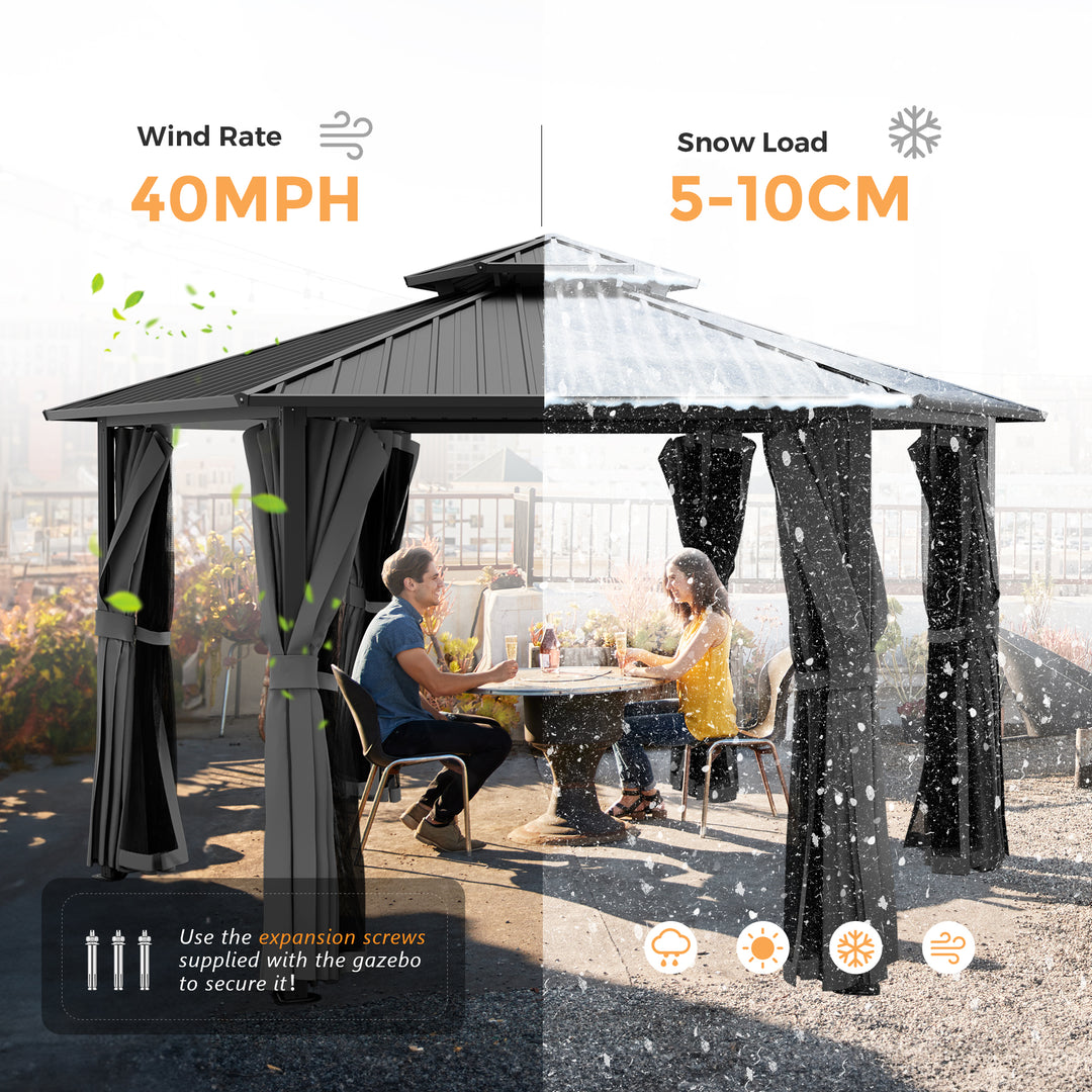 HAPPATIO 13' x 15' Hardtop Gazebo, Outdoor Hexagonal Gazebo with Galvanized Steel Roof, Aluminum Frame with Curtains and Netting, Metal Permanent Gazebos for Patios, Gardens