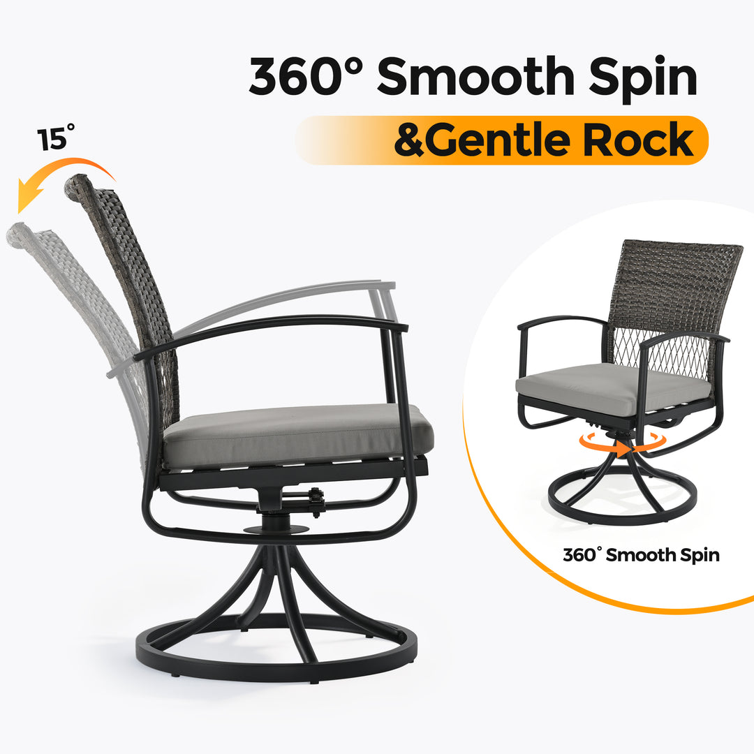 HAPPATIO Rattan Patio Dining Set, Outdoor Dining Set with Wicker Swivel Chairs, Powder-Coated Rectangular Dining Table with Umbrella Hole, Removable Cushions for Outside Lawn, Garden, Yard