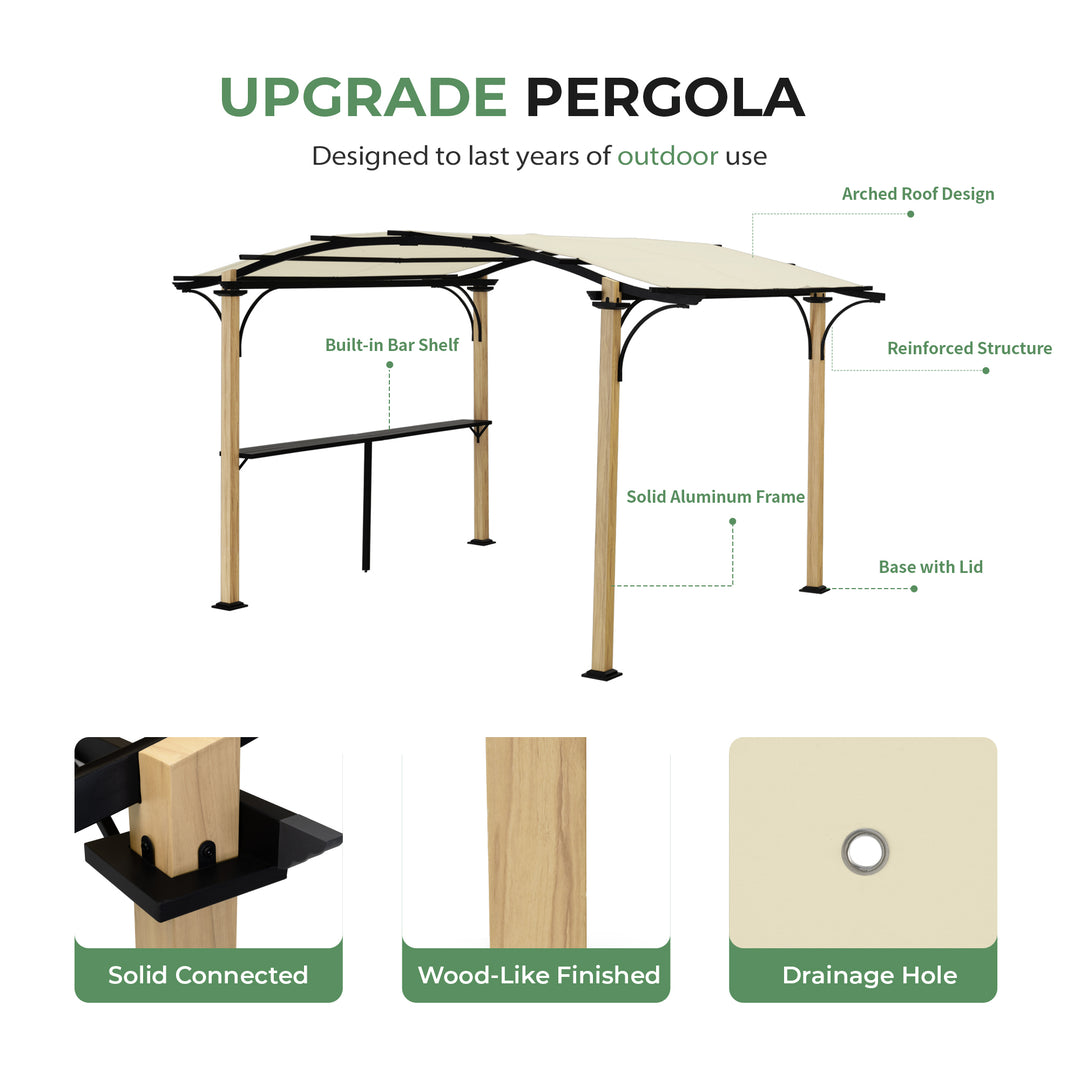 HAPPATIO 10' x 13' Arched Top Outdoor Pergola, Aluminum Frame with Storage Shelf, Wood-Like Frame Patio Pergola Shade for Patio, Backyard, Garden, Poolside, Beige