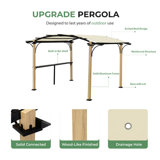 HAPPATIO 10' x 13' Arched Top Outdoor Pergola, Aluminum Frame with Storage Shelf, Wood-Like Frame Patio Pergola Shade for Patio, Backyard, Garden, Poolside, Beige