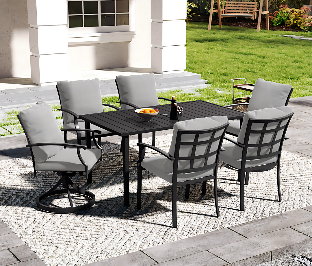 HAPPATIO Patio Dining Set, Outdoor Dining Set with Powder-Coated Metal, Table with Umbrella Hole, Stackable Chairs with Removable Cushions for Porch Poolside Garden