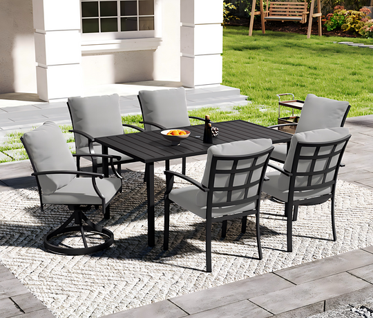 HAPPATIO Patio Dining Set, Outdoor Dining Set with Powder-Coated Metal, Table with Umbrella Hole, Stackable Chairs with Removable Cushions for Porch Poolside Garden