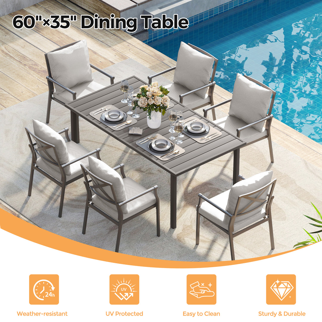 HAPPATIO Patio Dining Set, Metal Outdoor Table and Chairs  Ser, Powder-Coated Metal Chairs with Thickened Cushions, Rectangular Table with Umbrella Hole for Deck Backyard Lawn