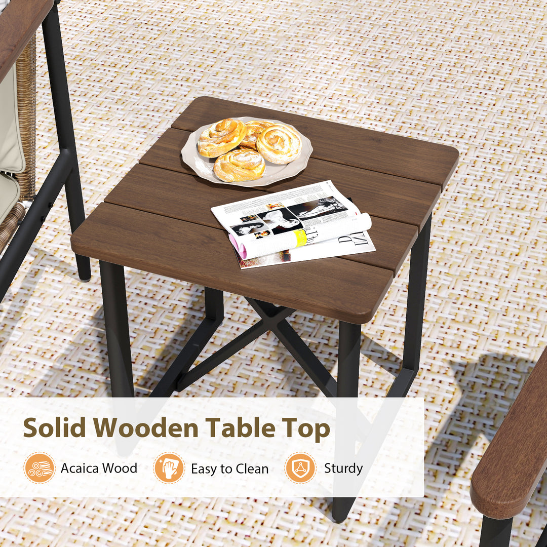 HAPPATIO Outdoor Furniture Set, Patio Aluminum Conversation Set with Wicker Seat and Acacia Wood Armrest, Removable Thick Olefin Cushion for Garden Lawn Backyard