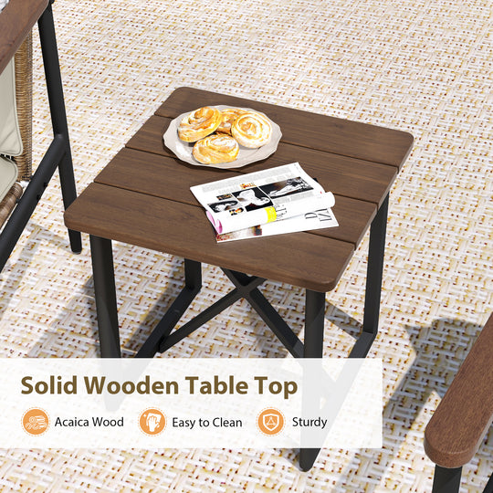 HAPPATIO Outdoor Furniture Set, Patio Aluminum Conversation Set with Wicker Seat and Acacia Wood Armrest, Removable Thick Olefin Cushion for Garden Lawn Backyard