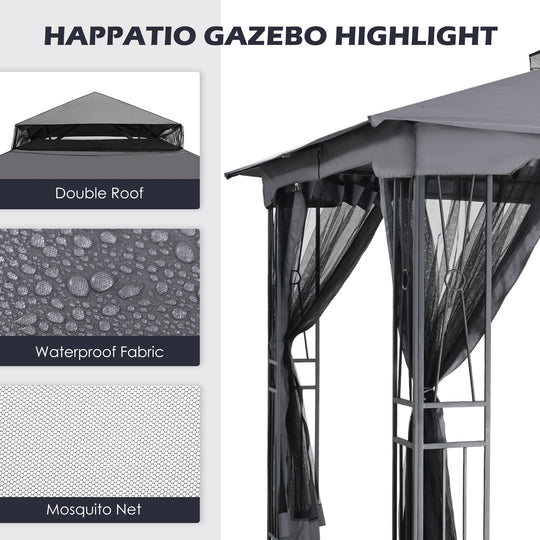 HAPPATIO 10' X 12' Patio Gazebo with Ventilation Double Roof，Outdoor Soft Top Gazebo with Mosquito Netting for Lawn, Garden