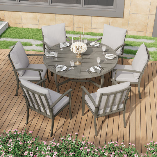 HAPPATIO Patio Dining Set, Aluminum Outdoor Dining Set, Dining Table with Umbrella Hole and 6 Chairs, Outdoor Table and Chairs with Removable Cushion for Lawn Yard Patio