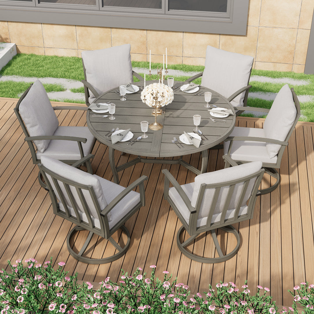 HAPPATIO Patio Dining Set, Aluminum Outdoor Dining Set, Dining Table with Umbrella Hole and 6 Chairs, Outdoor Table and Chairs with Removable Cushion for Lawn Yard Patio
