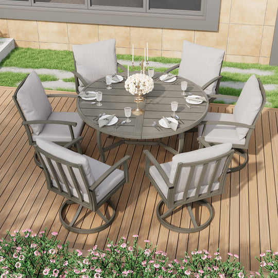 HAPPATIO Patio Dining Set, Aluminum Outdoor Dining Set, Dining Table with Umbrella Hole and 6 Chairs, Outdoor Table and Chairs with Removable Cushion for Lawn Yard Patio