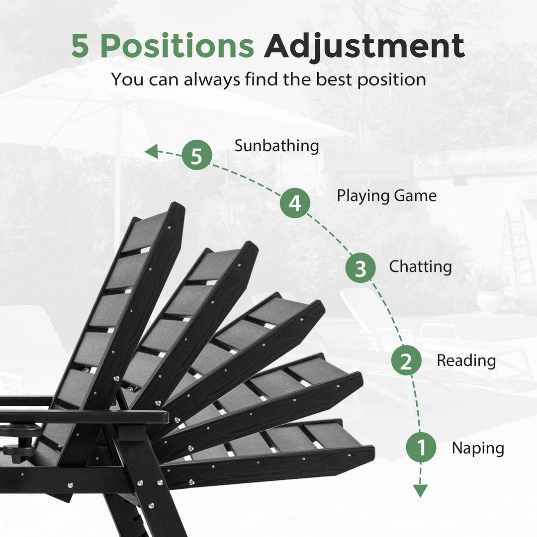 HAPPATIO Outdoor Lounge Chair, HDPE Chaise Lounge 5-Level Adjustable Backrest, Pool Lounge Chair with Wheels and Cup Holder, Waterproof Pool Plastic Recliner Chair for Patio Beach Poolside