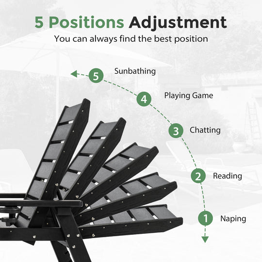 HAPPATIO Outdoor Lounge Chair, HDPE Chaise Lounge 5-Level Adjustable Backrest, Pool Lounge Chair with Wheels and Cup Holder, Waterproof Pool Plastic Recliner Chair for Patio Beach Poolside