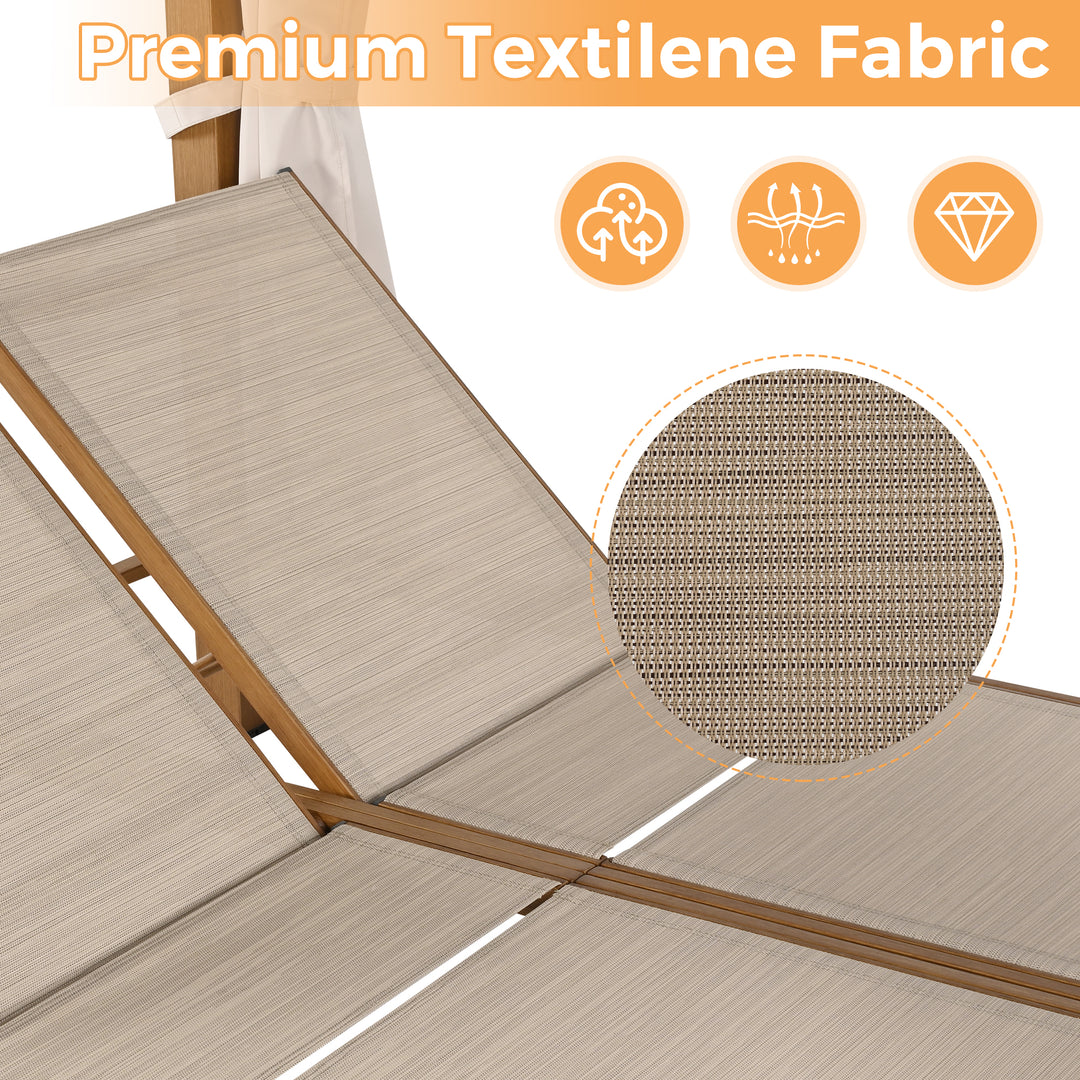 HAPPATIO Outdoor Patio Daybed with Retractable Canopy Bed,Patio Chaise Lounge with Adjustable Backrest, Wood-Like Aluminum Frame with Cushion & Curtain, Outdoor Chaise for Outside Pool, Garden