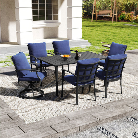 HAPPATIO Patio Dining Set, Outdoor Dining Set with Powder-Coated Metal, Table with Umbrella Hole, Stackable Chairs with Removable Cushions for Porch Poolside Garden
