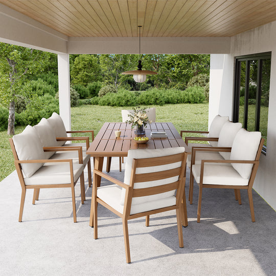 HAPPATIO Outdoor Dining Set,  Aluminum Patio Dining Set with Wood-Like Hand-Painted Finish, Dining Chairs with Waterproof Cushions, Easy Assembly for Backyard, Garden, Porch