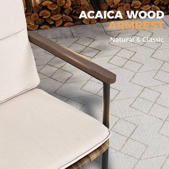 HAPPATIO 9 Piece Patio Dining Set Outdoor, 8 Wicker Chairs with Aluminum Frame and Olefin Cushions, Large Wooden Dining Table with Umbrella Hole,Patio Table and Chairs for Backyard Garden Porch